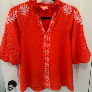 THML Vibrant Orange Blouse with White Embroidery